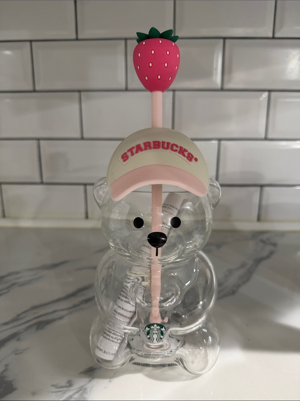 Starbucks Clear Bear Cup with Pink Strawberry Straw and Pink Cap